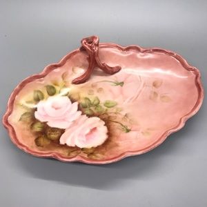 Rare Vintage Hand-Painted Porcelain Oval Serving Dish w/Roses, by Mary Frazier